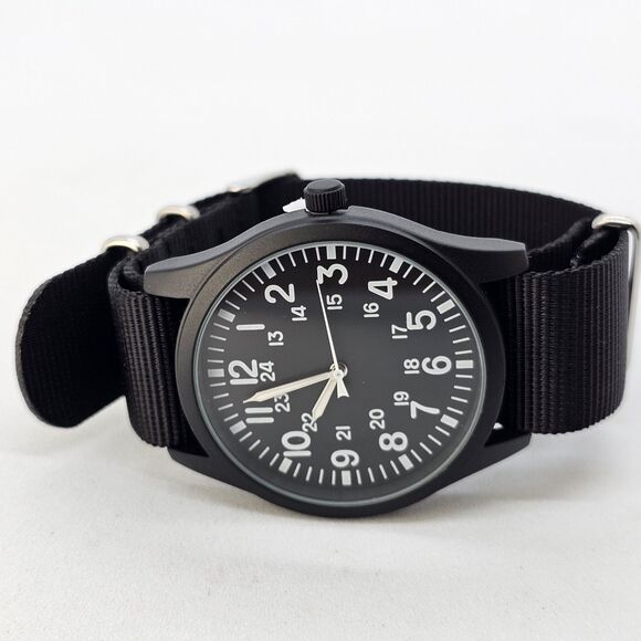 Men's Field Watch 42MM Black Case Black Dial Black Canvas Band Strap - Picture 1 of 11